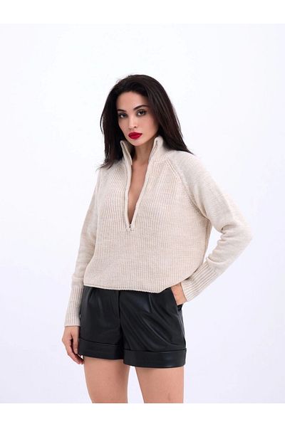 NİDAM BUTİK 3309 Zippered Sweater-Stone