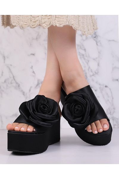 Sibel Shoes Tanya Black Rose Detailed Slippers