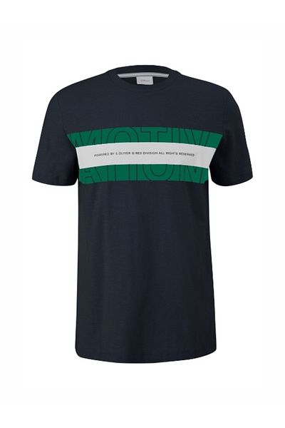 s.Oliver Men's Big Size T-shirt With Neckline And Navy Blue Logo Print