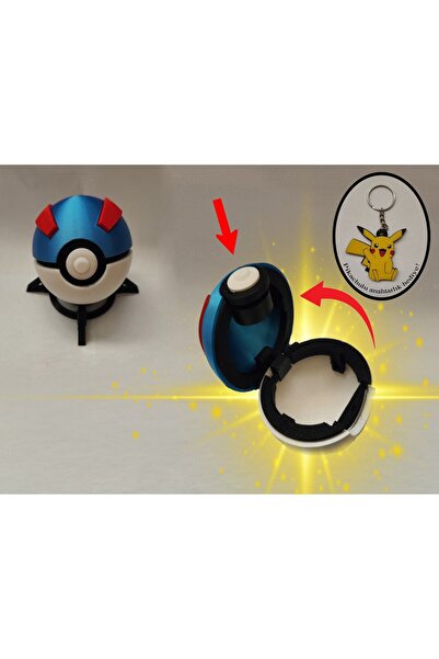 Bikey Design Tuşa Basınca Açılan Poketopu Greatball (POKEBALL 3D BASKI) Sürpriz Pokemon Ve Pikachu Anahtarlıkla!