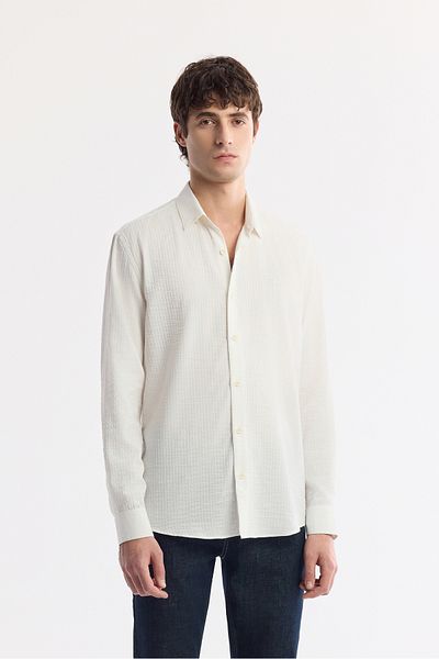 Avva Men's White Bottom Brit Collar Viscose Blended Textured Shirt A51Y2136