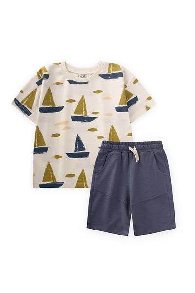 Cigit Sailing Patterned Capri Suit 2-10 Years Ecru