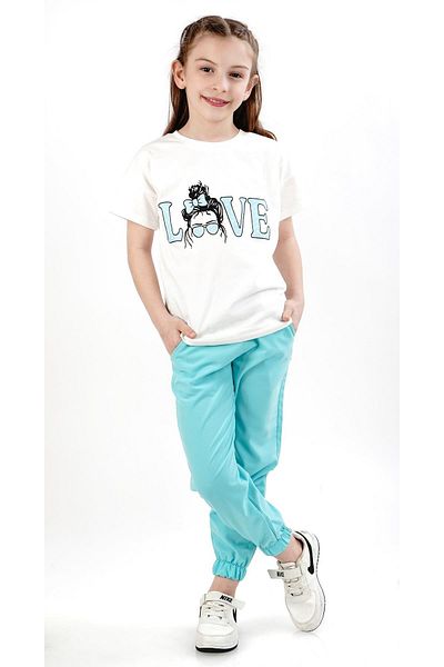 Çocuksan Baby&Kids Wear Girl's Love Printed T-Shirt and Turquoise Sweatpants Double Summer Set