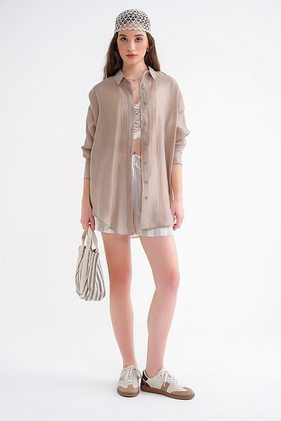 Mixray 4667 Γυναικείο Λεπτό Oversize Πουκάμισο Modal Stone