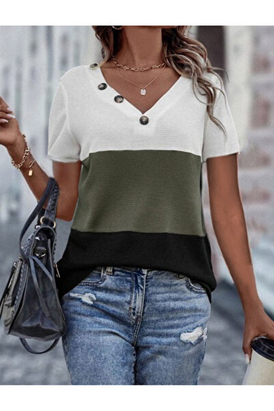JANES Γυναικεία κοντομάνικη μπλούζα βάφλα με κουμπιά με λαιμόκοψη V