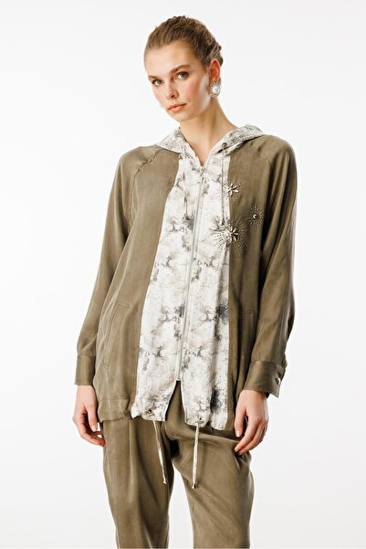 Moda İlgi Modailgi Taş ve İnci İşlemeli Düz Kumaş Garni Detaylı Kapüşonlu Tun...