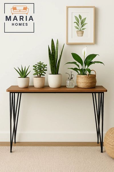 MARIA HOMES Modern Console Table 120x40x80cm – Slim Wood Top with Geometric Black Metal Frame