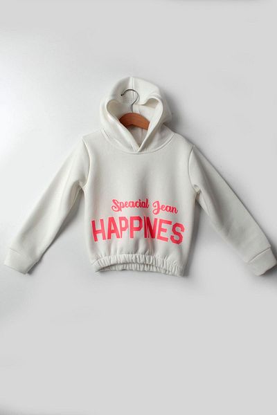 Çocuksan Baby&Kids Wear Hanorac gros pentru fetiță 5-10 ani - Hanorac alb cu glugă imprimat Happiness