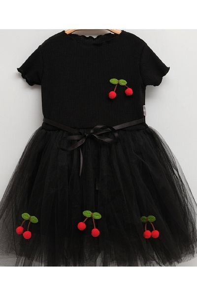 bonalind Girl's Dress with Rib Fabric Top and Bottom Lining Tulle Cherry