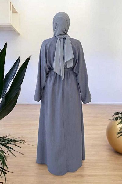 Bym Fashion Snap Buttoned Waist Belted Abaya 70017 Gray