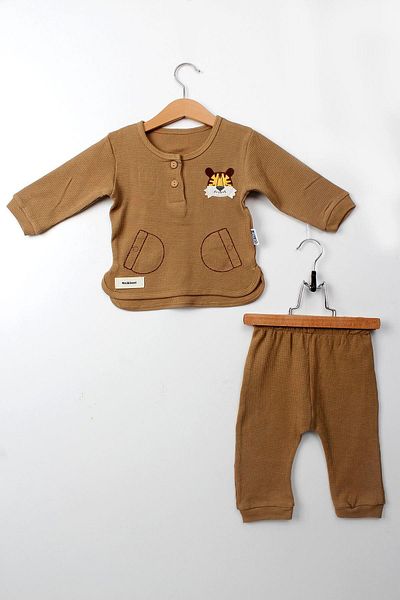 Çocuksan Baby&Kids Wear Baby Boy Set Brown Color 2-Piece Long Sleeve Cotton Tiger Pattern Top and Bottom Set