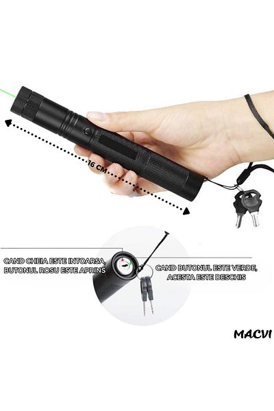 MACVI Laser Pointer Macvi® 405nm, 200mW, aluminiu, negru, blocare pentru copii, 100-500m