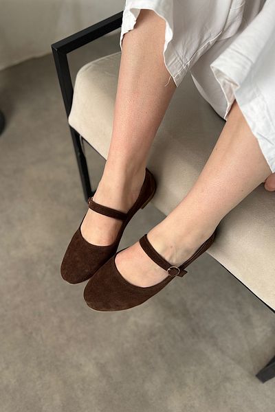 SHOEBELLAS Aosa Bitter Brown Genuine Leather Women's Ballerinas with Single Piping Detail