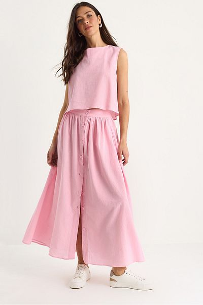 Bianco Lucci Women's Thick Strap Short with Blouse Button Detailed Flared Long Skirt Linen Top and Bottom Set 9322 60281055