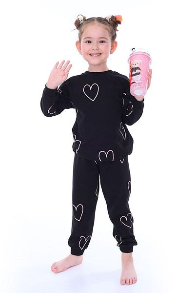 Çocuksan Baby&Kids Wear Комплект пижама с дълъг ръкав и дълъг ръкав с черна сърце за момичета