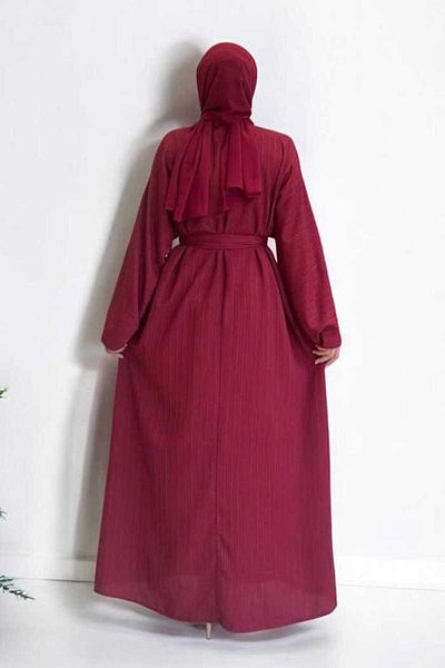 Bym Fashion Snap Buttoned Waist Belted Abaya 70017 Claret Red