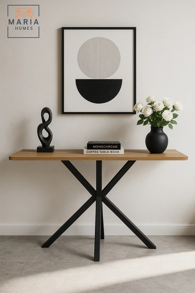 MARIA HOMES Modern Console Table 120x40x77cm with Black Metal Cross Legs and Wooden Top – Sleek Hallway Accent