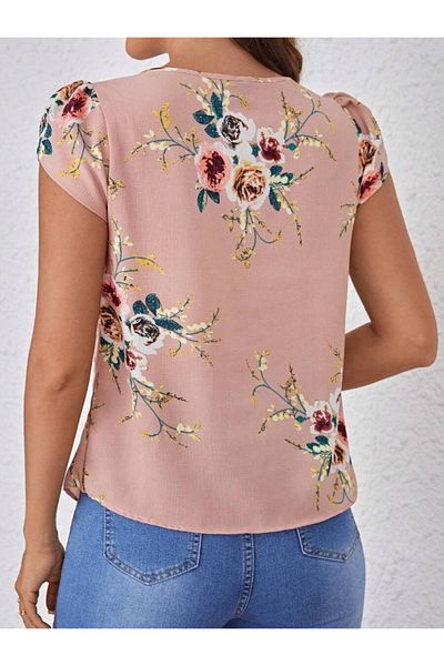modaserdem Women's Short Sleeve Crew Neck Floral Printed Single Jersey Blouse