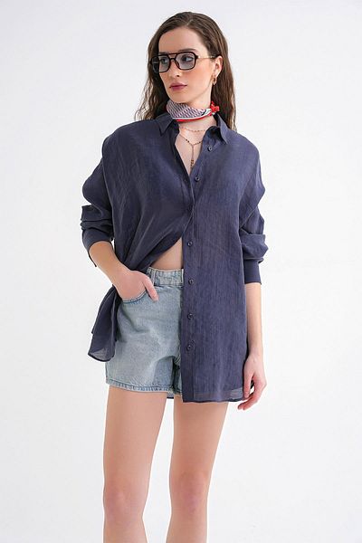 Mixray 4667 Women's Thin Oversize Modal Shirt Navy Blue