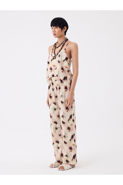 RİVUS Floral Patterned Wide Leg Trousers with Elastic Waist - Beige Patterned