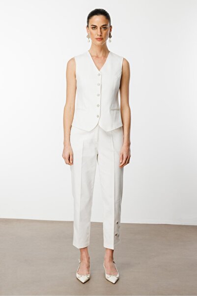 Moda İlgi Modailgi Paçası Kuşgözü ve İnci Detaylı Pantolon - 70041 Ekru