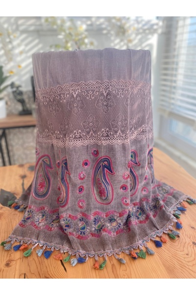 Bohemian Kadın İthal Organik Pamuk İşlemeli Püsküllü Dantel Detaylı Vual Şal 1608083