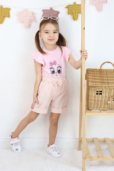 Çocuksan Baby&Kids Wear Girl's Pink Bow Shorts Suit - Summer Cotton Cute Printed 2-Piece Suit