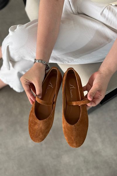 SHOEBELLAS Γυναικείες μπαλαρίνες Fersa Taba από γνήσιο δέρμα με λεπτομέρεια μονής σωλήνωσης