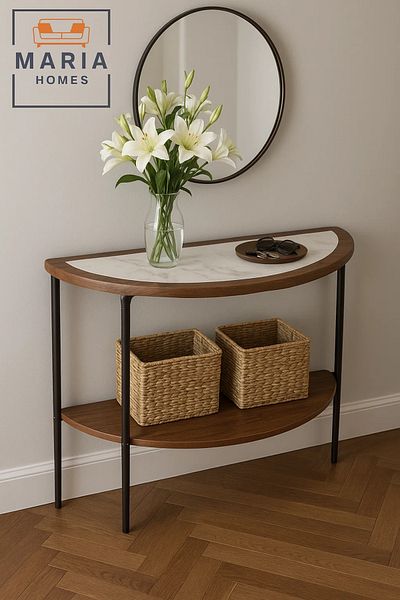 MARIA HOMES Half Moon Console Table with Marble Top – 110x80x35cm Modern Entryway Hallway Accent Table