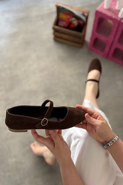 SHOEBELLAS Aosa Bitter Brown Genuine Leather Women's Ballerinas with Single Piping Detail