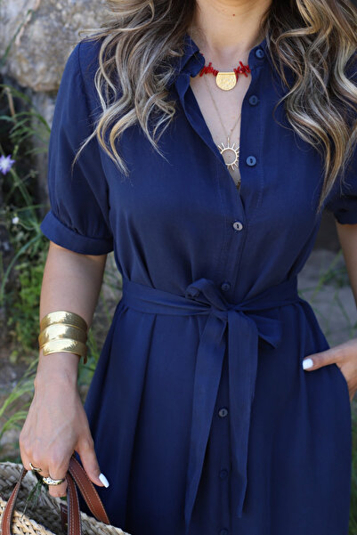 bytugcekaya Koyu İndigo Kuşaklı Gömlek Elbise