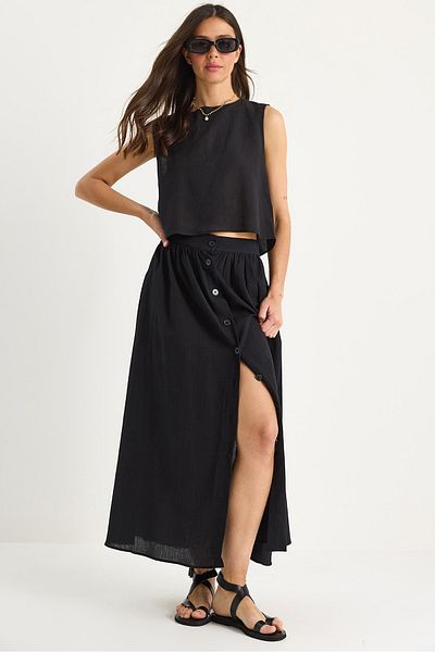 Bianco Lucci Women's Thick Strap Short with Blouse Button Detailed Flared Long Skirt Linen Top and Bottom Set 9322 60281055