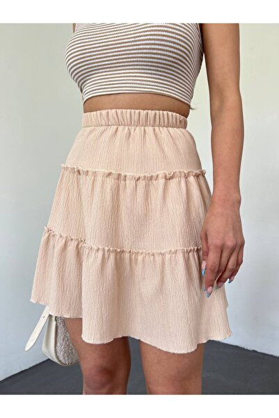 MissRunin تنورة قصيرة من قماش باركا مع خصر مطاطي - بيج - مجموعة