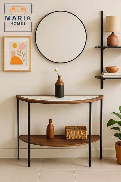 MARIA HOMES Half Moon Console Table with Marble Top – 110x80x35cm Modern Entryway Hallway Accent Table