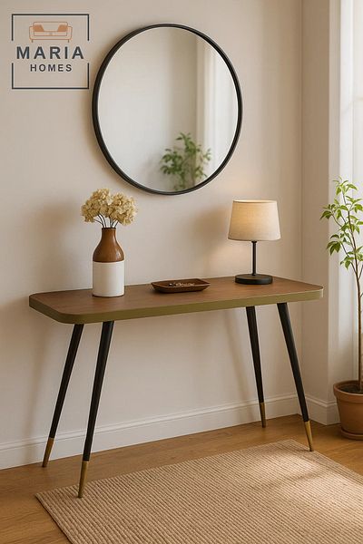 MARIA HOMES Mid-Century Modern Console Table 120x40x75cm – Walnut Top with Gold Accent and Tapered Legs