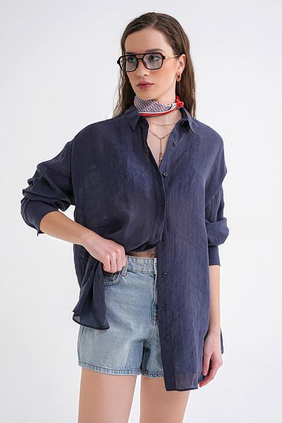 Mixray 4667 Women's Thin Oversize Modal Shirt Navy Blue