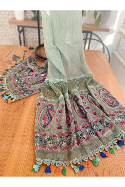 Bohemian Women's Imported Organic Cotton Embroidered Tassel Lace Detailed Voile Shawl 1608089