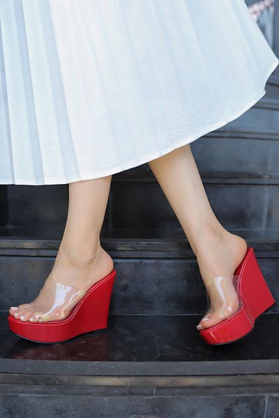 Sibel Shoes Sun Red Transparent Wedge Heel Slippers