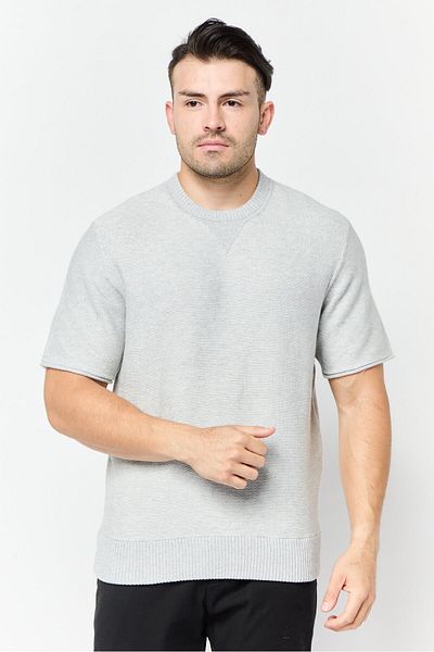 Esprit Men Ribbed Collar Short Sleeves Textured T-shirt, Light Grey