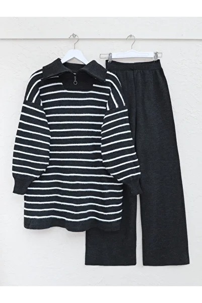 HİJABAYA Turtleneck Zippered Striped Knitwear Set
