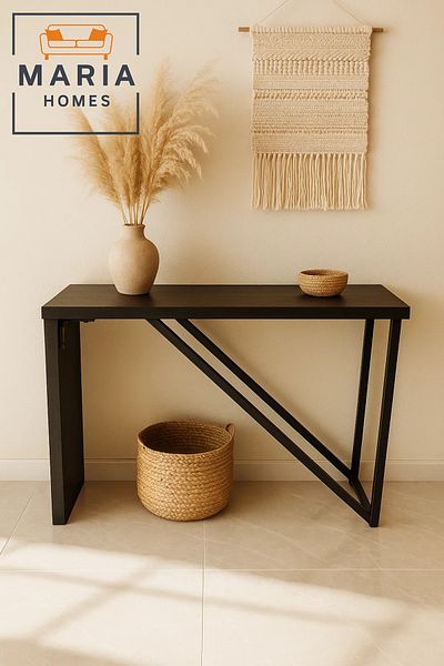 MARIA HOMES Modern Black Console Table 120x40x77cm – Minimalist Design with Diagonal Metal Support Frame