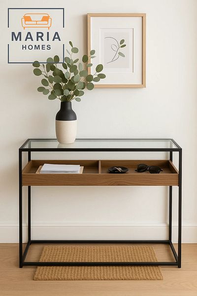 MARIA HOMES Glass Top Display Console Table with Wood Tray – 120x80x85cm Industrial Modern Storage Table