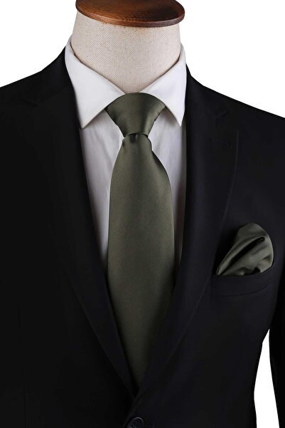 Kravatkolik Khaki Reps Textured Classic Tie with Plain Handkerchief Kk13182