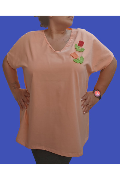 Barato V-Neck Embroidery Flower Detail Plus Size Cotton Fabric Premium Blouse