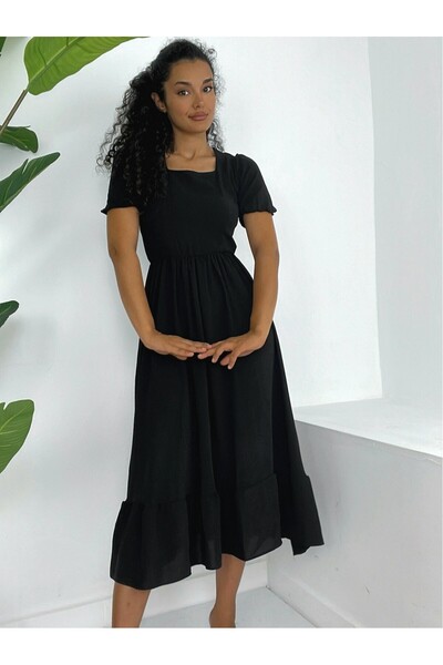 MissRunin SMK Shop فستان Ayrobin برقبة مربعة وأكمام قصيرة وخصر مطاطي - أسود