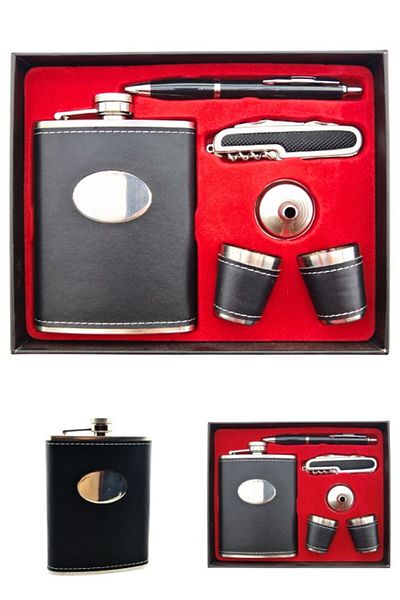 Deco Elit Steel Flask Gift Set Drink Pocket Flask with Leather Covered 2 Shot Glasses Multifunctional with Pocket Knife and Pen