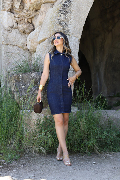 bytugcekaya Navy Blue Lycra Button Detail Denim Dress