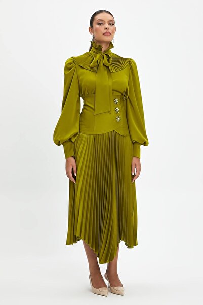 SERPİL Kadın Yüksek Bel Etek - Piliseli, Asimetrik Kesim - Taş Düğme Detaylı ...