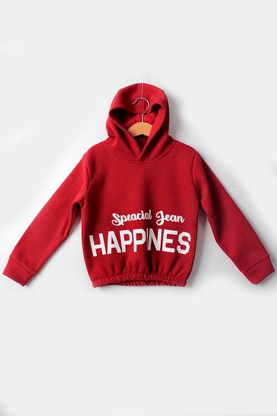 Çocuksan Baby&Kids Wear Girl 5-10 Years Old Thick Sweatshirt with Ribbon - Hooded Red Happiness Printed