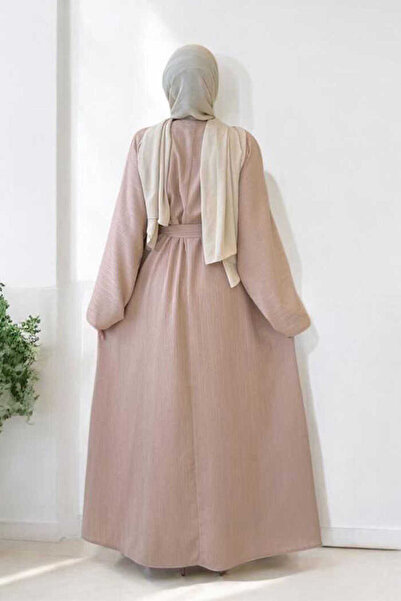 Bym Fashion Snap Buttoned Waist Belted Abaya Stone